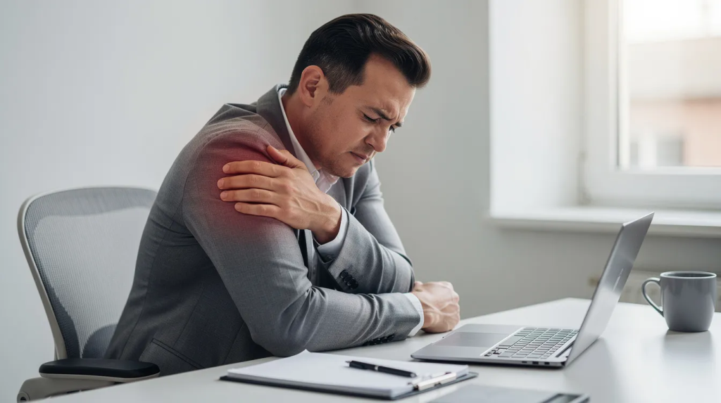 A person is sitting at a desk, holding their shoulder with a pained expression, indicating discomfort possibly due to shoulder pain or a common shoulder injury. This scene highlights the challenges of shoulder conditions that can affect daily activities and range of motion.